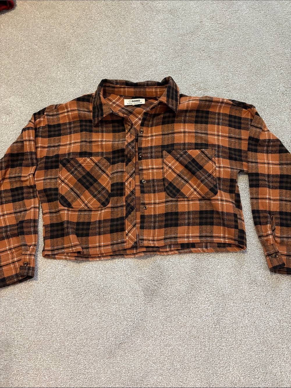 Cropped Orange & Black Plaid Button-Up Shirt